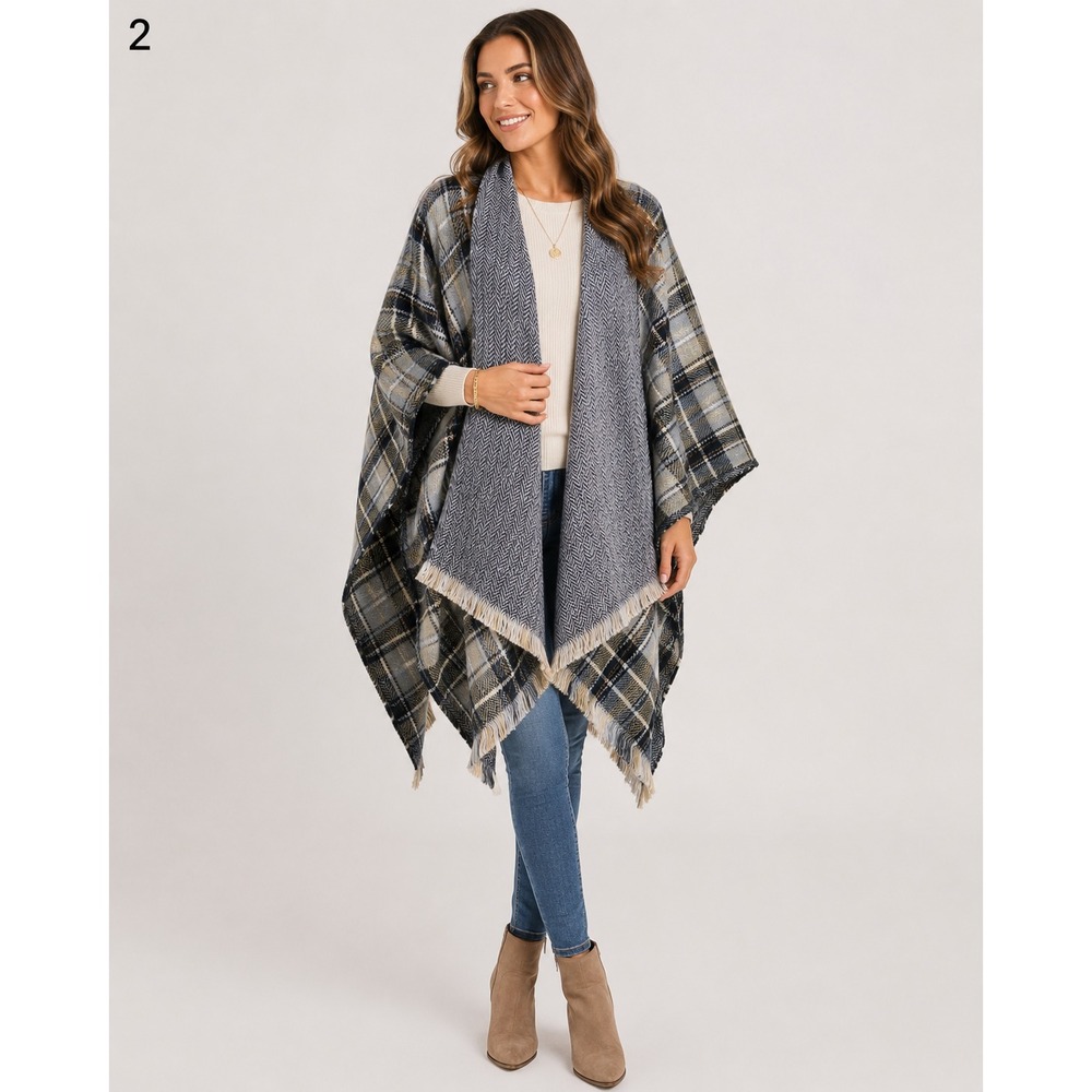 DKR & CO Shawl Sweater Cape Womens One Size Brown Gray Plaid Fringe Soft Acrylic